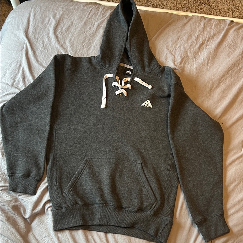 Adidas Men's Charcoal Gray Hoodie with White Accents